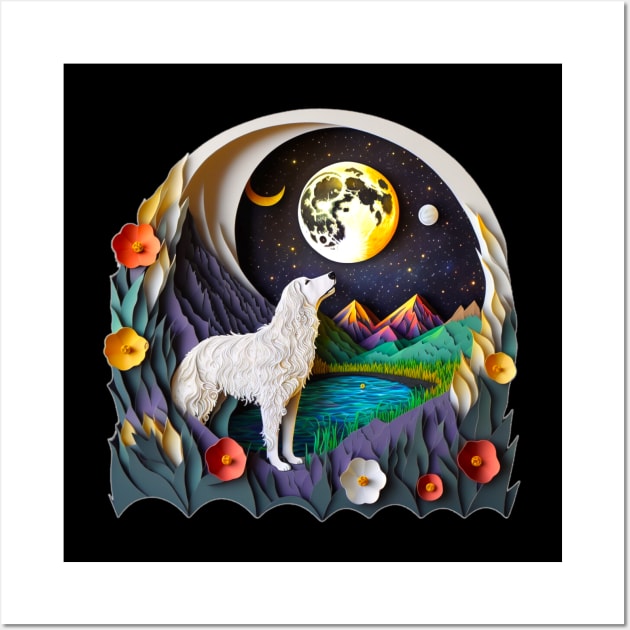 Great Pyrenees Dog Nature Full Crescent Moon Stars Whimsical Wall Art by joannejgg